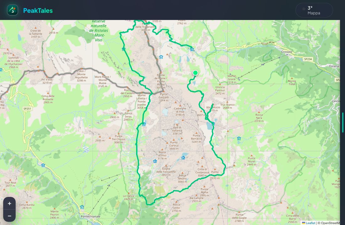 Mappa di PeakTales con il percorso del Tour del Monviso